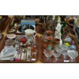 Two trays including 1953 Coronation ware, Wade Disney figures, pair of terracotta candlesticks,