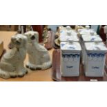 Two Staffordshire dogs and six kitchen jars stamped 'TC'