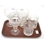 A pair of etched last drop glasses and three rummers