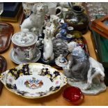 Decorative items comprising Royal Copenhagen girl and calf, Victorian podle group, two pairs of