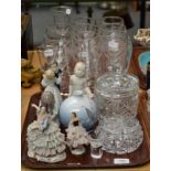 A quantity of modern glass including wine glasses, twist stem glasses, cut glass, Dresden figures,