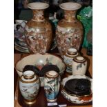 Three pairs of Japanese Satsuma vases and two bowls