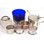 Silver mustard with blue glass liner, Edwardian silver bowl with blue glass liner, four napkin rings