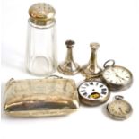 Two silver pocket watches, fob watch, silver purse, silver top bottle and a silver salt and pepper