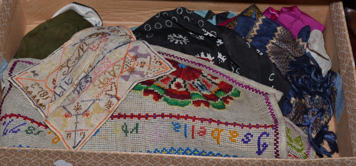 Assorted woven silk ribbons, trimmings, scarves, 1870 unframed sampler, another smaller alphabet