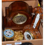 A gilt metal mantel clock, inlaid mantel timepiece and an aneroid barometer (3)