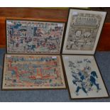 Two Chinese woodblock prints and two others (4)