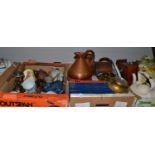 A large collection of decorative ceramics, glass and decorative items including copper measures (