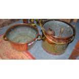 Copper and brass cylindrical coal pail with liner, copper two handled vessel and two other items