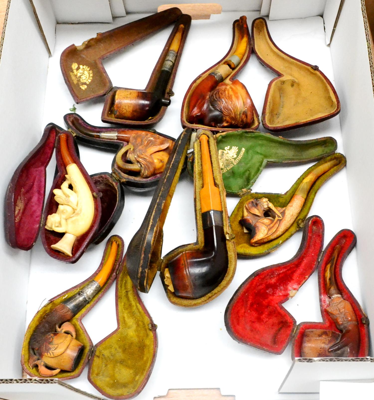Eight Cased Meerschaum Pipes, including a figural rams head, a gun dog, lady in hat, naked lady,