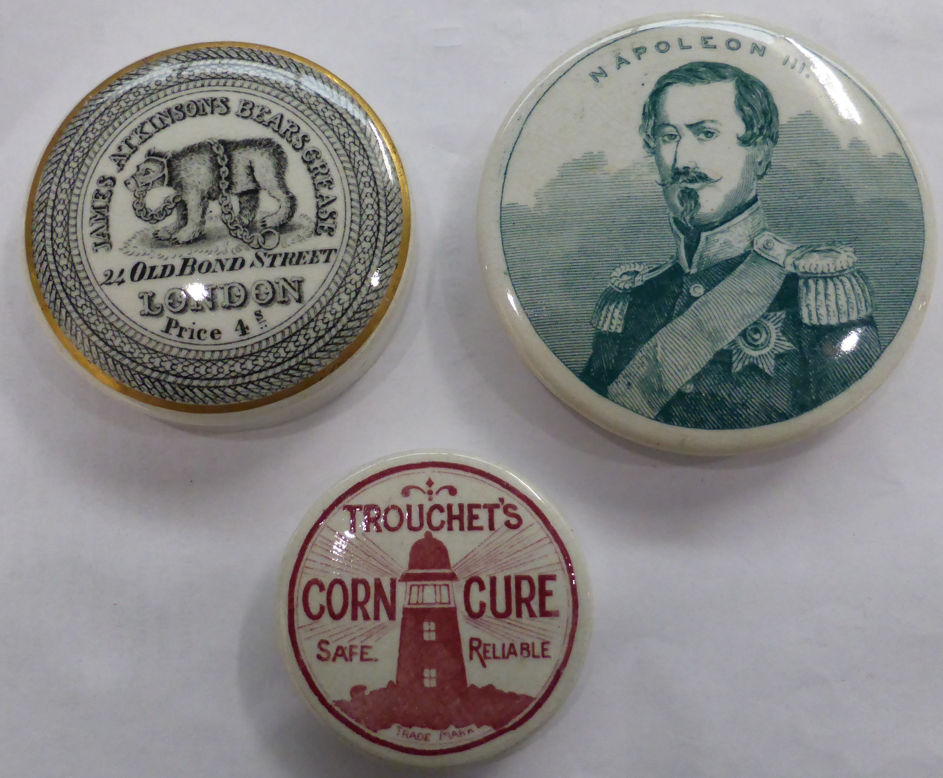 Eight Pictorial Transfer Printed Monochrome Pot Lids, comprising Ellen Hales Ointment, Napoleon III, - Image 6 of 7