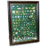 Collection Of Pin Badges including superheroes, commemorative and other, in glazed cabinet