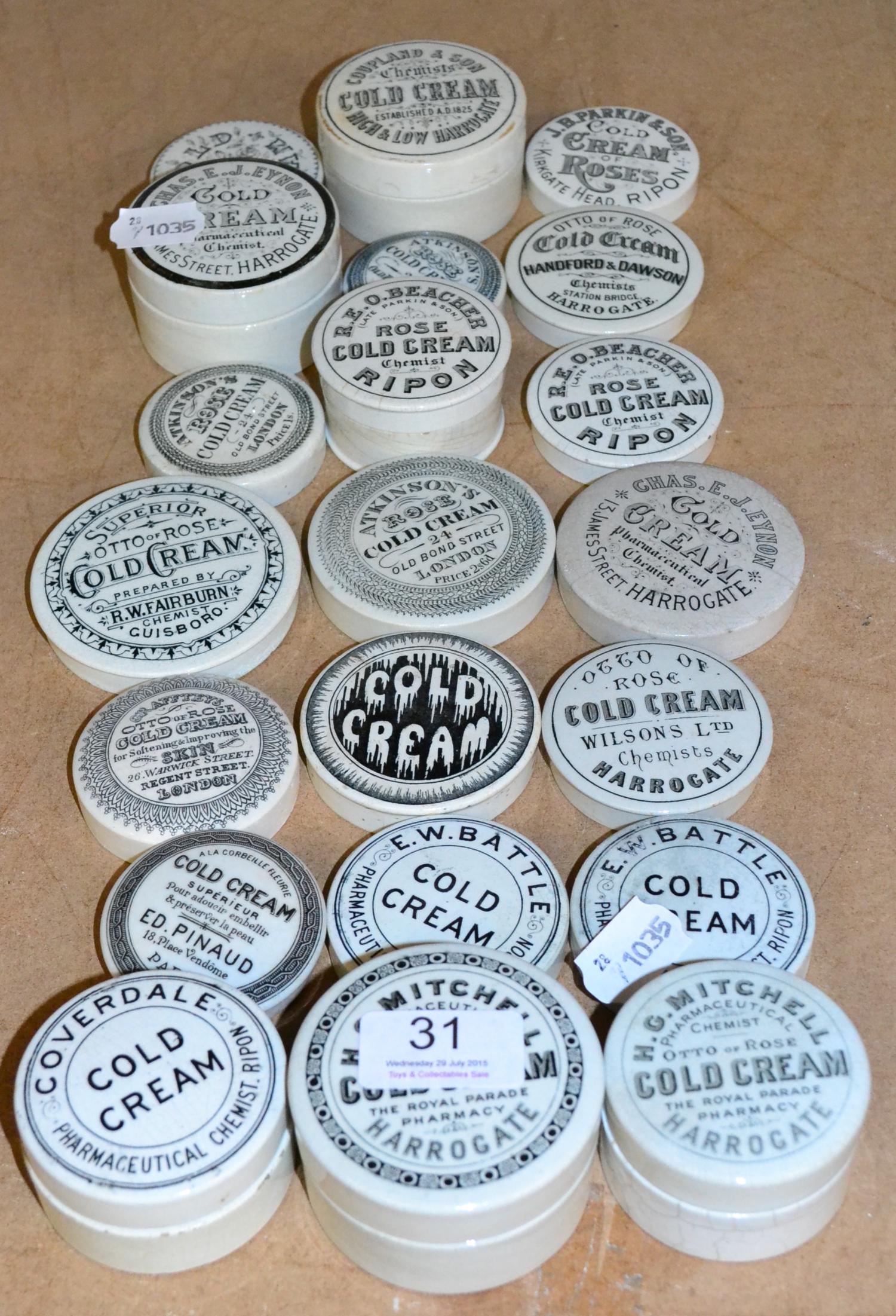 Twenty One Black & White Transfer Printed Cold Cream Pot Lids, includes a quantity of Harrogate