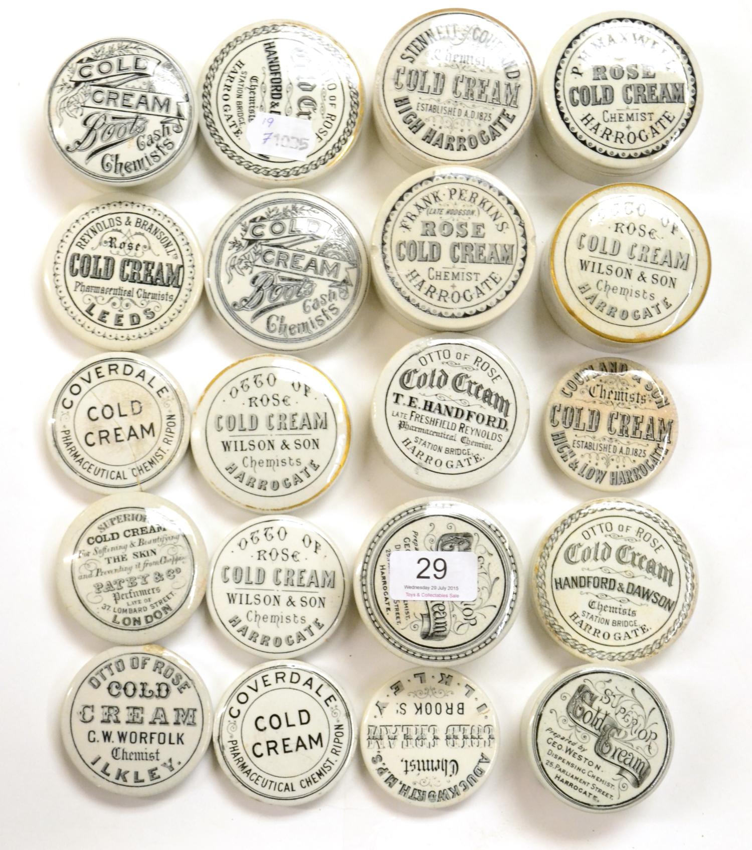 Twenty Black and White Transfer Printed Cold Cream Pot Lids, some with bases, includes Boots,