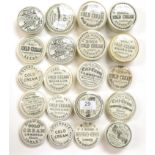 Twenty Black and White Transfer Printed Cold Cream Pot Lids, some with bases, includes Boots,