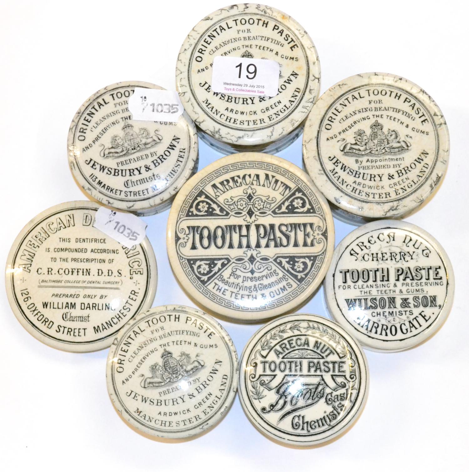 Eight Black & White Transfer Printed Tooth Paste Pot Lids with Bases, includes four marbled Jewsbury