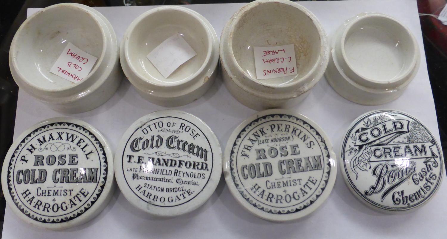 Twenty Black and White Transfer Printed Cold Cream Pot Lids, some with bases, includes Boots, - Image 8 of 9