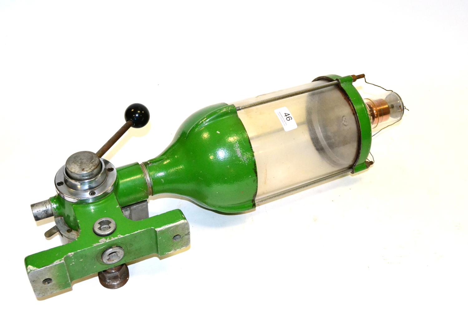 Master Measure 1920s Mark 2 Petrol Pump Top painted green with acrylic chamber to top, gallon