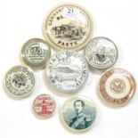 Eight Pictorial Transfer Printed Monochrome Pot Lids, comprising Ellen Hales Ointment, Napoleon III,