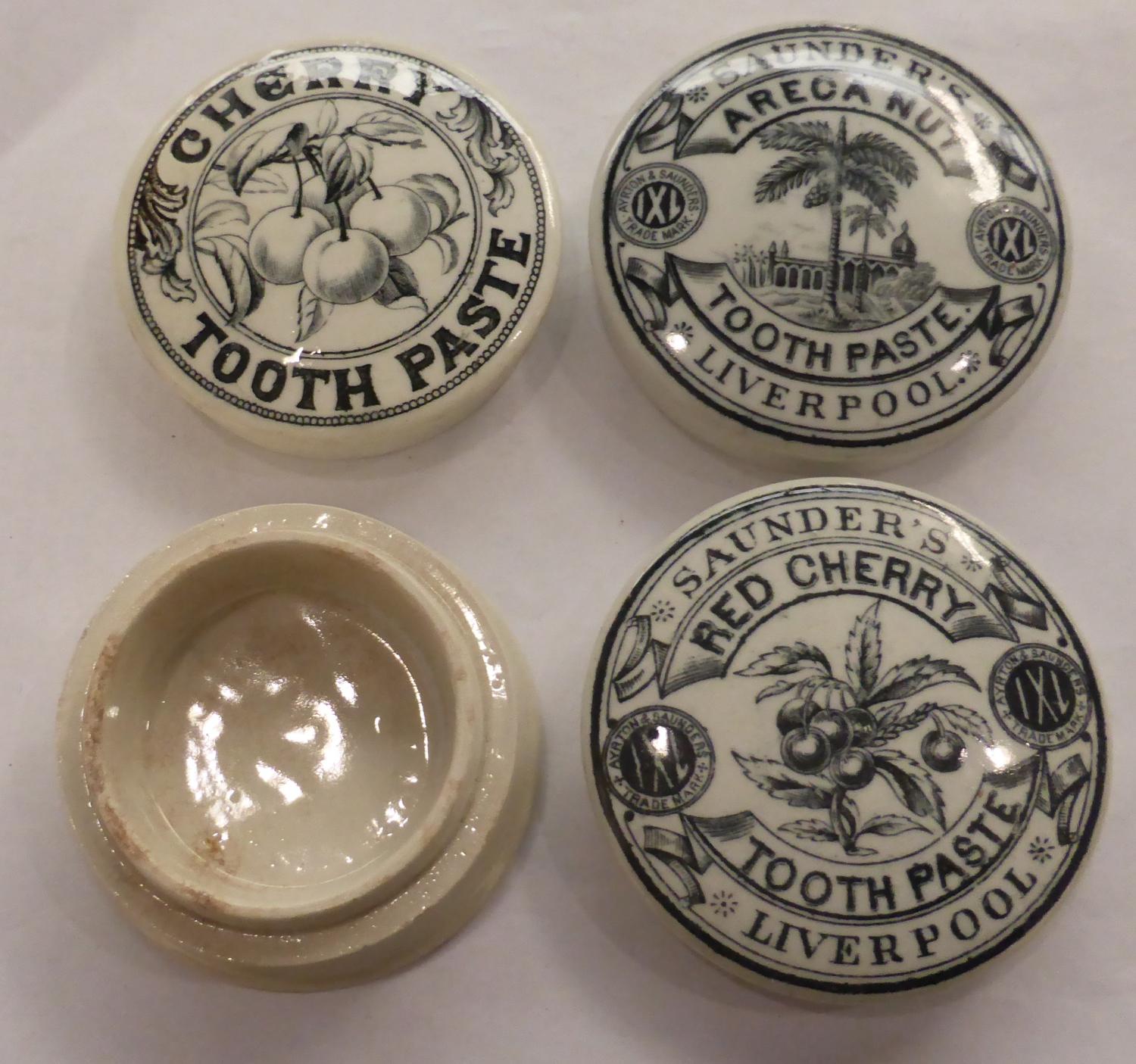 Three Black & White Transfer Printed Pictorial Tooth Paste Pot Lids - Saunders Areca Nut - Image 2 of 3