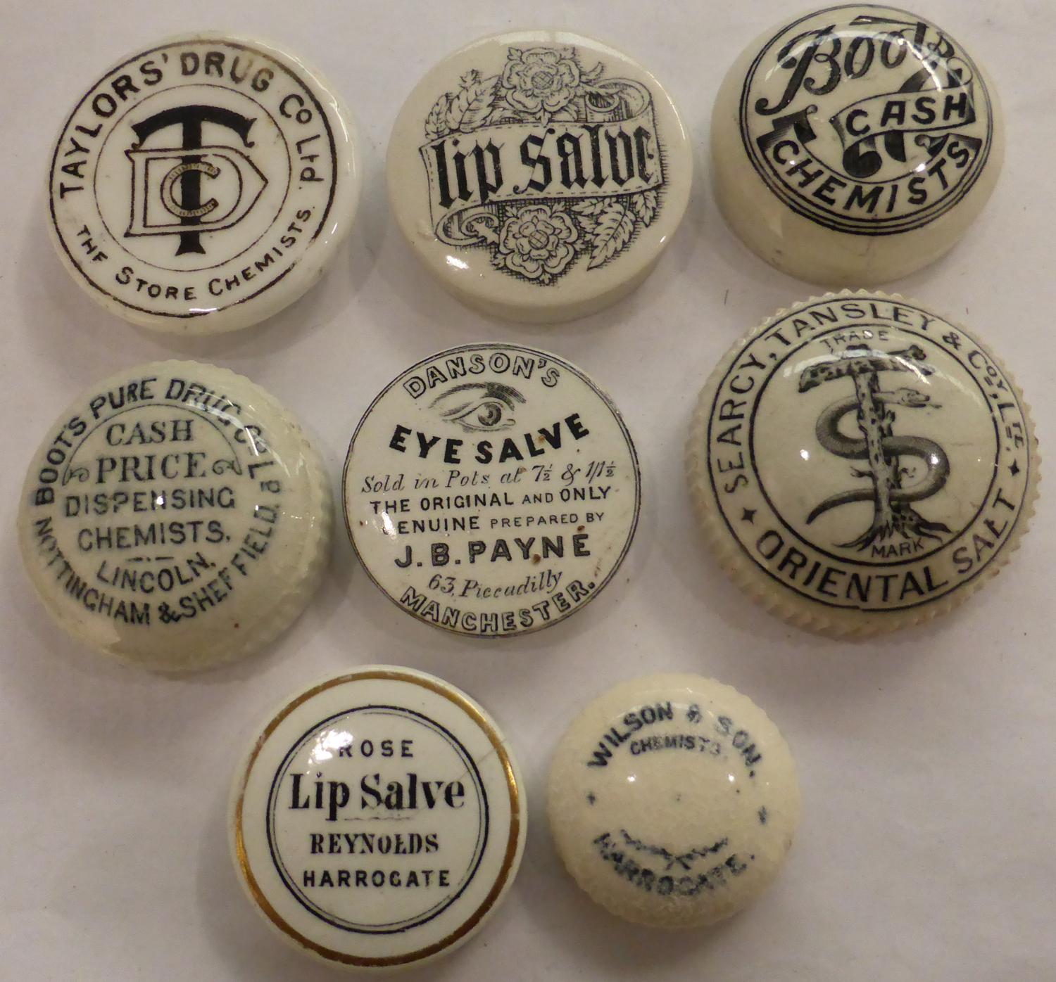 Twenty Three Black & White Transfer Printed Pot Lids, includes small Lip and Eye Salve lids, Shaving - Image 11 of 18