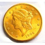 USA Gold 20 dollars 1904, 'Coronet Head' mark on cheek & other minor marks, 33.49g, .900 gold, VF to