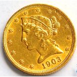 USA Gold 5 Dollars 1903s, 'Coronet Head'  8.36g, .900 gold, AVF/VF+