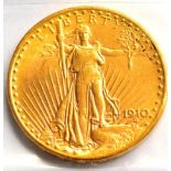 USA Gold 20 Dollars 1910D, 'Saint-Gaudens' minor contact marks, 33.5g, .900 gold, lustrous VF to