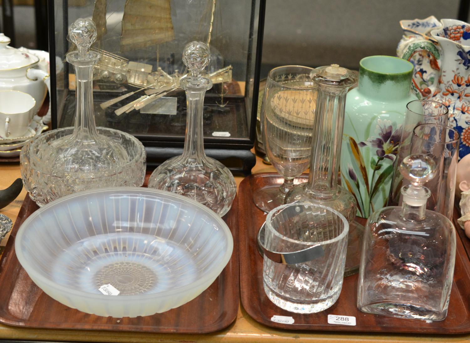 Celery glass vase, glass lamp base, Dartington glass decanter and stopper, two purple glass vases