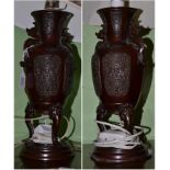 Pair of Japanese bronze lamps and shades Lamp base - 34cm high. Overall scratches and wear.