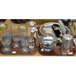 Two silver plated trays, pair of plated spill vases, five glass rummers, plated teapot, silver