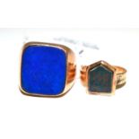 A 9ct gold bloodstone signet ring, the shield shaped stone centrally, finger size K1/2 and a lapis