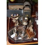 Assorted plated wares including a gallery tray, modern candlesticks, a quantity of cruet mounts