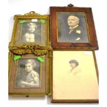 Two ormolu strut photograph frames and three family photographs including a portrait of Lord