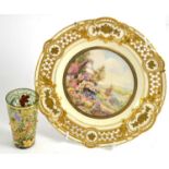 A Royal Crown Derby painted and gilt cabinet plate signed J P Wale and a small green glass Moser