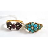 A turquoise and pearl cluster ring and a foil backed stone ring (2)