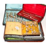 Assorted cased flatware, some silver and a cased Continental silver mounted scribe set, together