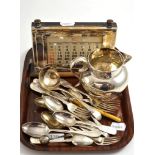 Silver jug, silver mounted desk calendar and miscellaneous silver flatware 25.07ozt gross