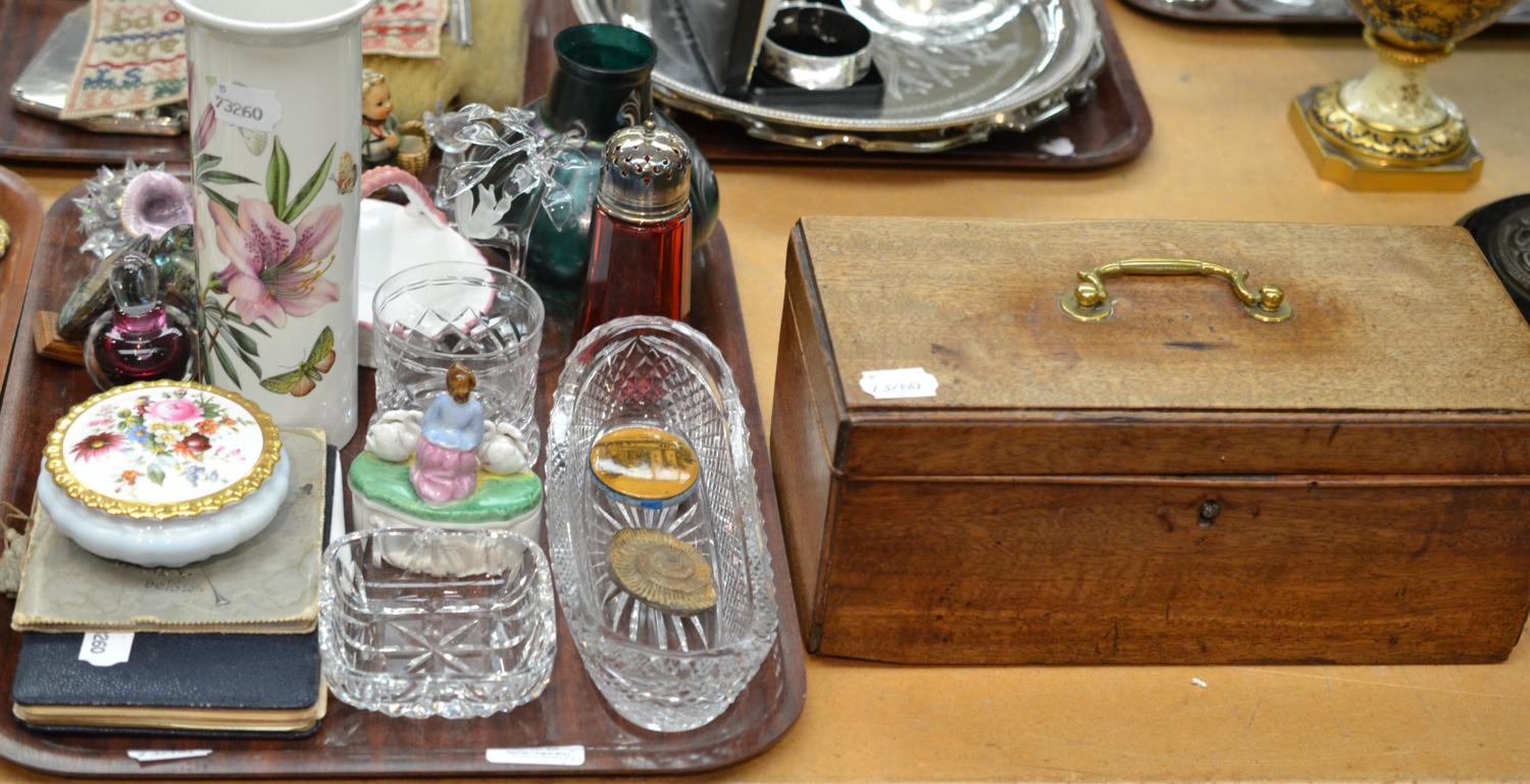 A 19th century mahogany tea caddy, Swarovski crystal, autograph book, Mauchlineware pin wheel,