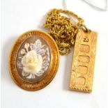 A 9ct gold ingot, 9ct gold mounted cameo brooch, 9ct gold chain necklace (3) 9ct gold ingot: 30g