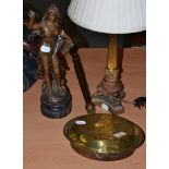 Brass bed warming pan, spelter figure of a maiden, gilt metal table lamp and shade (3)