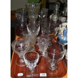 Two trays of assorted 19th century and later rummers, glassware etc