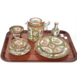 Assorted Chinese Canton teawares including tea bowls and saucers, small vase, teapot etc  Chips to