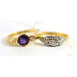 A 9ct gold amethyst and diamond three stone ring and a diamond solitaire ring (2) diamond