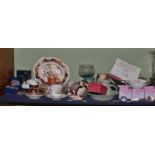 A collection of decorative ceramics and glass including three Royal Crown Derby paperweights,
