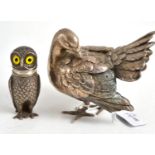 Plated owl pepperette and a plated model of game bird  Owl - 8cm high, slight rubbing and wear