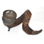 A 19th century Scottish snuff mull, the coiled rams horn with pewter mounts