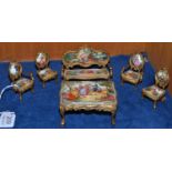 Six items of French miniature enamelled and gilt metal furniture