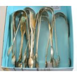 Six pairs of Old English pattern silver sugar tongs, two pairs of Fiddle pattern sugar tongs and