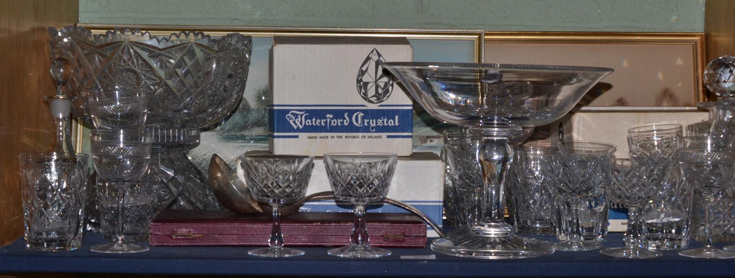 Victorian glass tazza/bowl, a quantity of cut glass and two watercolour riverscapes by F G Fraser